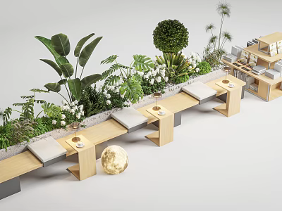 Elegant Booth Sofas Arrangement With Lush Green Plants And Wooden Side Tables 3d model