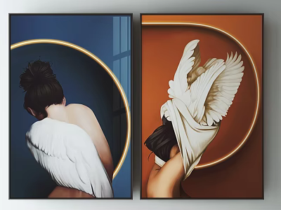 Two Wall Art Paintings With Female Back White Wings Golden Circle On Blue Orange Backgrounds 3d model