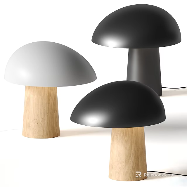 Mushroom Shaped Table Lamps with White and Black Shades and Wooden Bases Modern Design 3d model 