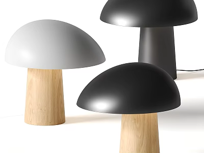 Mushroom Shaped Table Lamps with White and Black Shades and Wooden Bases Modern Design 3d model