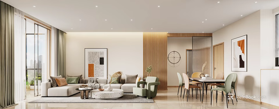 Modern Living Dining Room Design With Sofa Dining Table Lighting And Wall Art 3d model