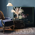 Stylish Single Sofa In Living Room With Deep Blue Wall Window Lamp And Decorative Rugs