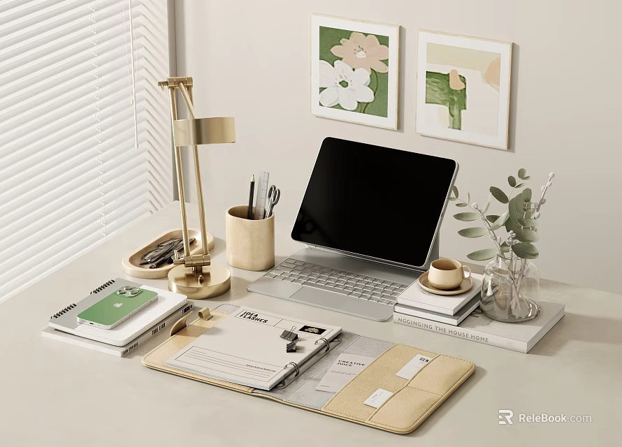 Stylish Office Desk Setup With Brass Table Lamp Green Plant Notebooks And Coffee Cup 3d model 