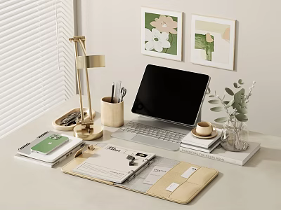 Stylish Office Desk Setup With Brass Table Lamp Green Plant Notebooks And Coffee Cup 3d model