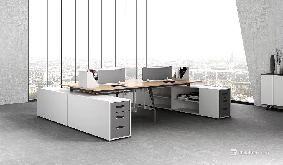 Modern Office Desk With White Drawers Cabinets Office Supplies And City View Through Large Windows 3d model 