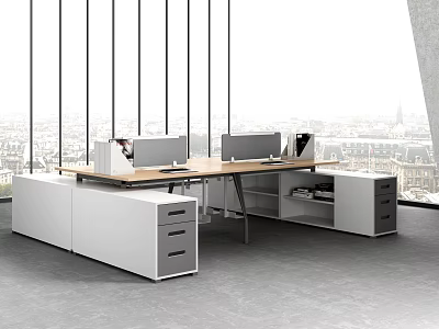 Modern Office Desk With White Drawers Cabinets Office Supplies And City View Through Large Windows 3d model