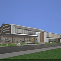 Modern Sales Office Building With Large Glass Windows Horizontal Lines Wooden Elements And Green Lawn