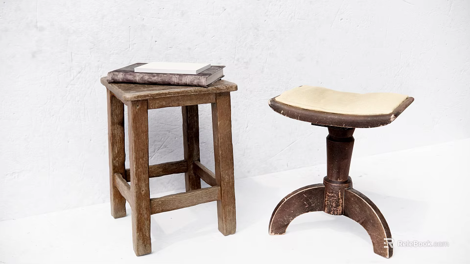 Two Vintage Wooden Stools with Stacked Books and Upholstered Seat Design 3d model 