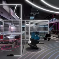 Modern Fitness Gym With Circular Neon Lights Workout Equipment And Mirror Walls