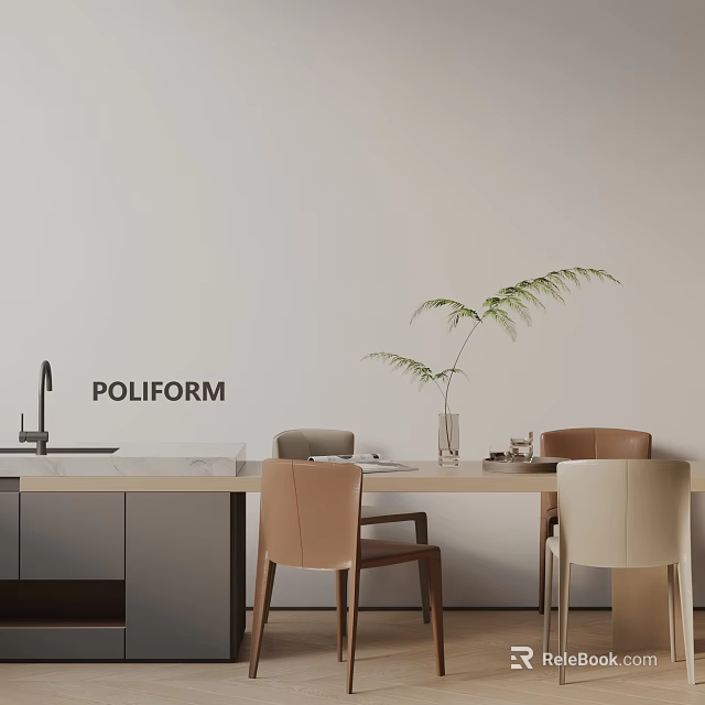 Poliform Dining Table Set with Leather Chairs Fern Plant in Vase Against Light Wall 3d model 