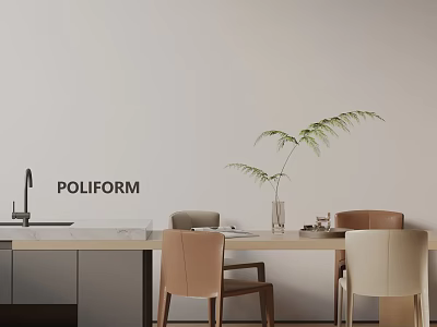 Poliform Dining Table Set with Leather Chairs Fern Plant in Vase Against Light Wall 3d model