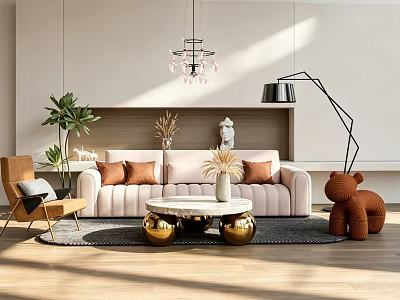 Beige Velvet Sofa With Brown Cushions And Round Marble Coffee Table With Gold Base 3d model