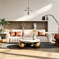 Beige Velvet Sofa With Brown Cushions And Round Marble Coffee Table With Gold Base