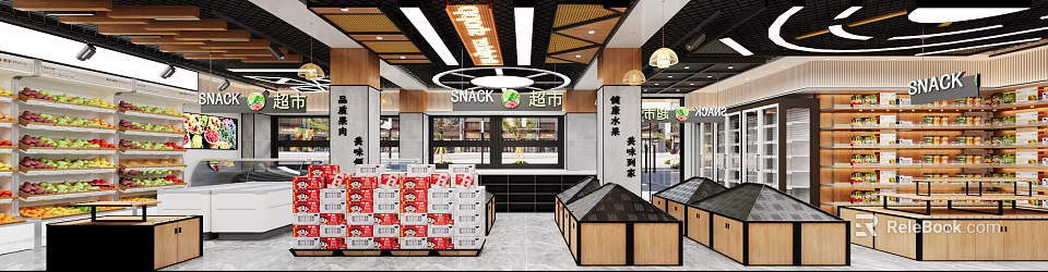 Snack Supermarket Interior Featuring Healthy Delicious Snacks On Wooden And Black Shelves With Open Counter 3d model 