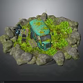 Vintage Green Truck Miniature Scene With Surrounding Rocks And Lush Plants
