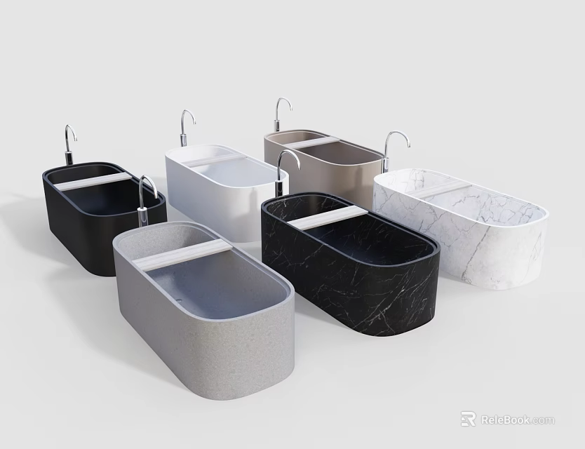 Modern Rectangular Bathtubs In Various Colors With Faucets And Marble Texture 3d model 