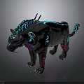 Fantasy Mythical Beast With Black Purple Body Neon Blue Glowing Patterns Red Legs Fangs
