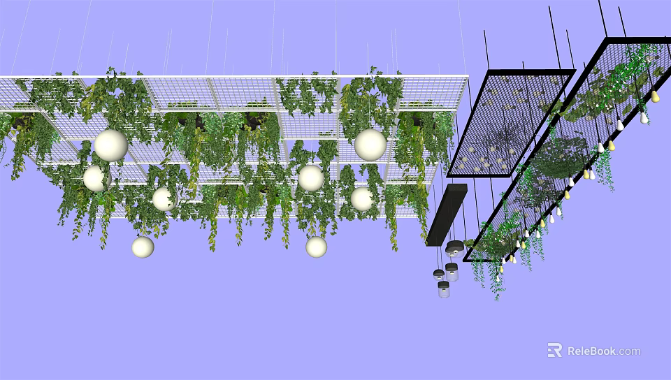 Modern Ceiling Design with Green Vines Hanging Lights and Grid Structure 3d model 