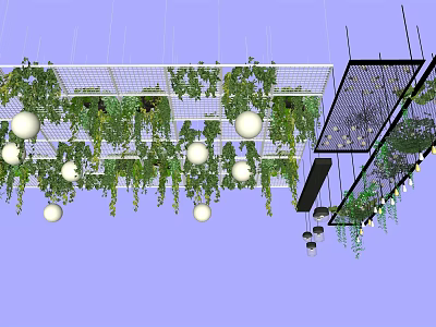 Modern Ceiling Design with Green Vines Hanging Lights and Grid Structure 3d model