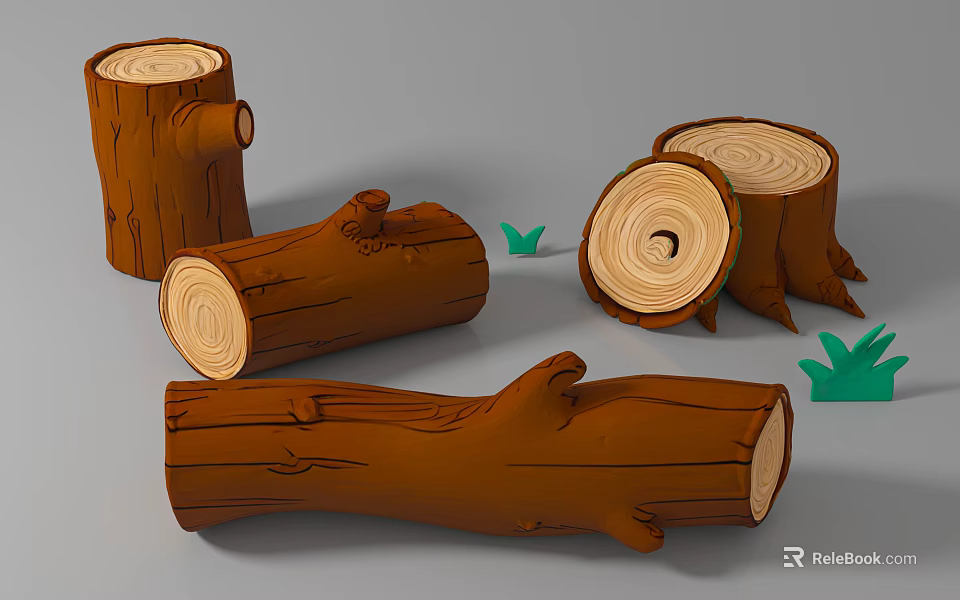 Natural Art Installation Featuring Tree Stumps Logs And Growth Rings With Small Green Plants 3d model 
