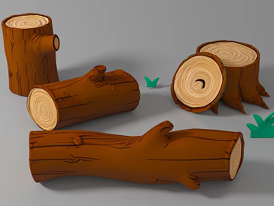 Natural Art Installation Featuring Tree Stumps Logs And Growth Rings With Small Green Plants 3d model