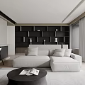 Modern Living Dining Room Interior With White Cabinets Black TV Wall And Orange Chair