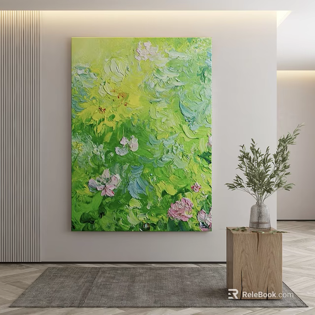 Abstract Green And Pink Flower Painting With Wooden Table And Green Plant Vase 3d model 