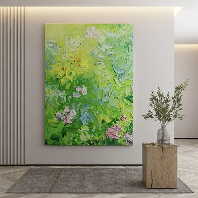 Abstract Green And Pink Flower Painting With Wooden Table And Green Plant Vase 3d model