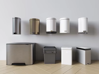 Public Facility Trash Bins Featuring Wall Mounted and Floor Standing Designs with Various Colors 3d model