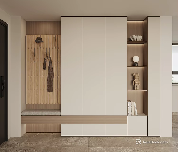 Modern Entryway Shoe Cabinet With Coat Rack Bench Storage Shelves And Decorative Items 3d model 