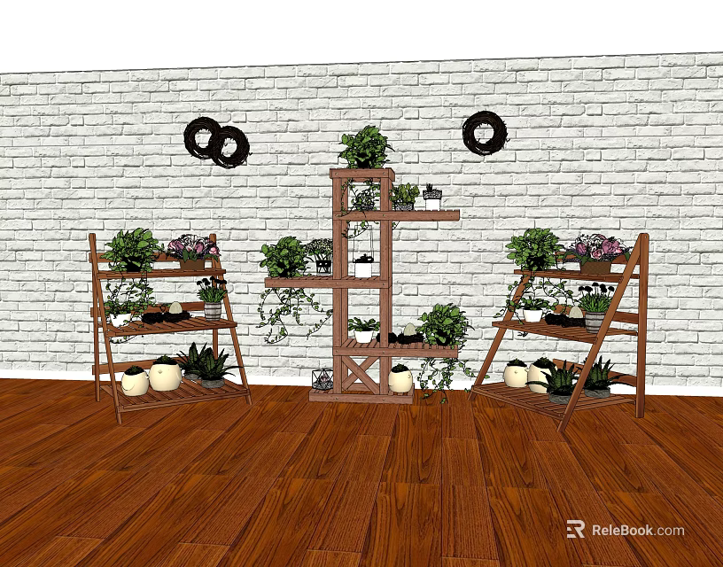 Charming Garden Decor with Wooden Plant Stands Various Plants and Black Circular Wall Decor 3d model 