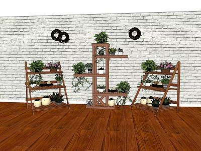 Charming Garden Decor with Wooden Plant Stands Various Plants and Black Circular Wall Decor 3d model