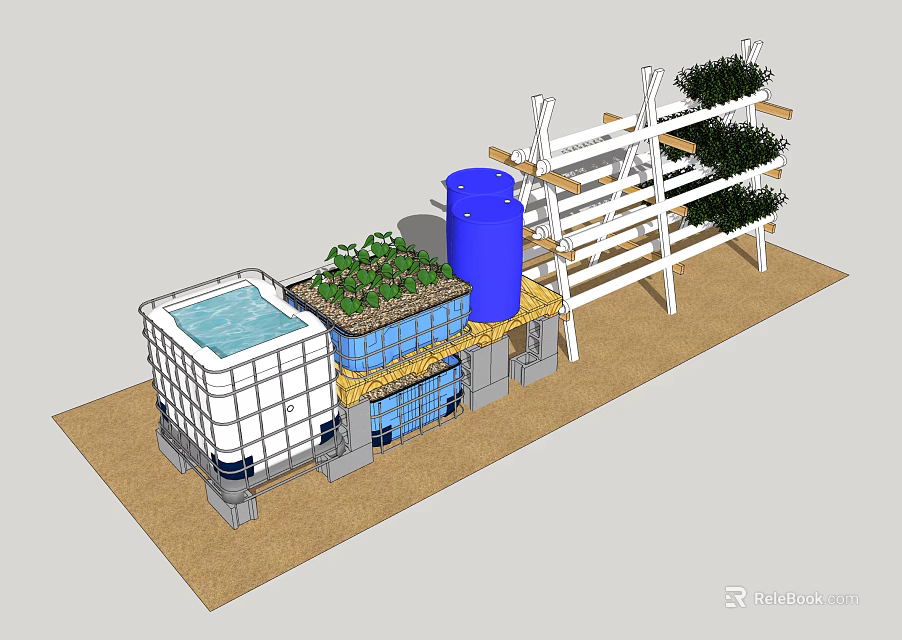 Vertical Hydroponic System With White Frame Blue Tank Green Plants Water Pool And Shelves 3d model 