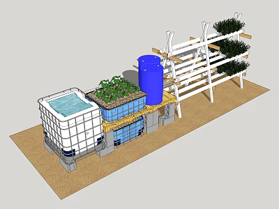 Vertical Hydroponic System With White Frame Blue Tank Green Plants Water Pool And Shelves 3d model