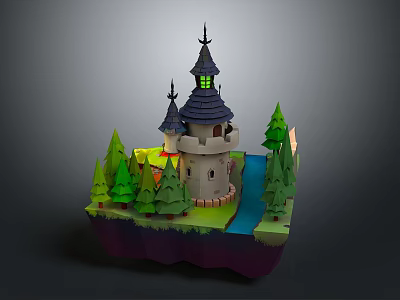 Cartoon Scene Featuring Fairy Tale Castle With Spire Towers Green Trees And River 3d model