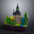 Cartoon Scene Featuring Fairy Tale Castle With Spire Towers Green Trees And River