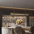 Modern Restaurant Interior With Marble Counter Wine Rack Pendant Lights Decorative Flowers And Chairs