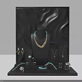 Luxury Gold And Turquoise Jewelry Set With Necklace Earrings In Black Display Stand Wave Background