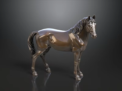 Decorative Shiny Bronze Horse Sculpture With Metallic Finish On Black Background 3d model