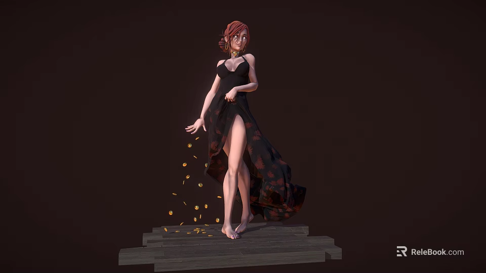 Red Haired Woman In Black High Slit Dress On Wooden Planks With Golden Particles Falling 3d model 
