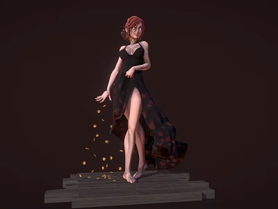 Red Haired Woman In Black High Slit Dress On Wooden Planks With Golden Particles Falling 3d model