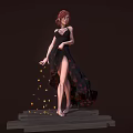 Red Haired Woman In Black High Slit Dress On Wooden Planks With Golden Particles Falling