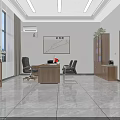 Modern Open Office Interior With Wooden Desk Black Chairs Green Plants And Wall Chart