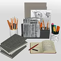 Organized Office Stationery Setup With Notebooks Pencils Colored Pens And Folder 3d model