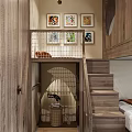 Kids Room Interior With Bunk Bed Netted Guardrail Wooden Stairs Orange Blanket And Picture Frames