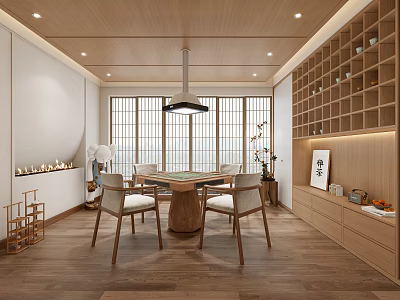 Traditional Chinese Hotel Mahjong Room With Wooden Furniture Lattice Windows And Decorative Items 3d model