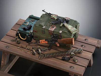 Military Weapons Collection on Wooden Table with Green Case Rifles Ammunition Belt and Grenades 3d model