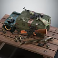 Military Weapons Collection on Wooden Table with Green Case Rifles Ammunition Belt and Grenades