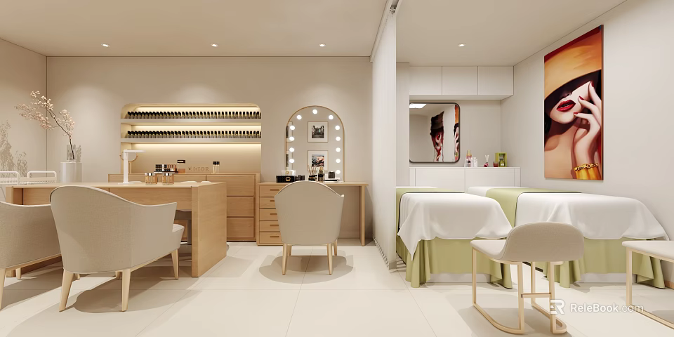 Modern Beauty and Hair Salon Interior With Styling Stations Mirrors and Product Shelves 3d model 