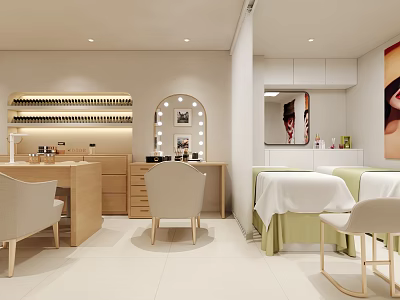 Modern Beauty and Hair Salon Interior With Styling Stations Mirrors and Product Shelves 3d model
